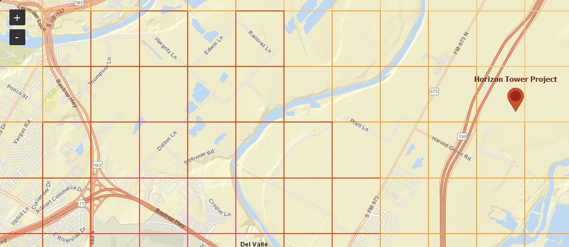 FAA UAS Facility Map grid around the demo site in Austin, Texas, with red zero-foot squares near the airport